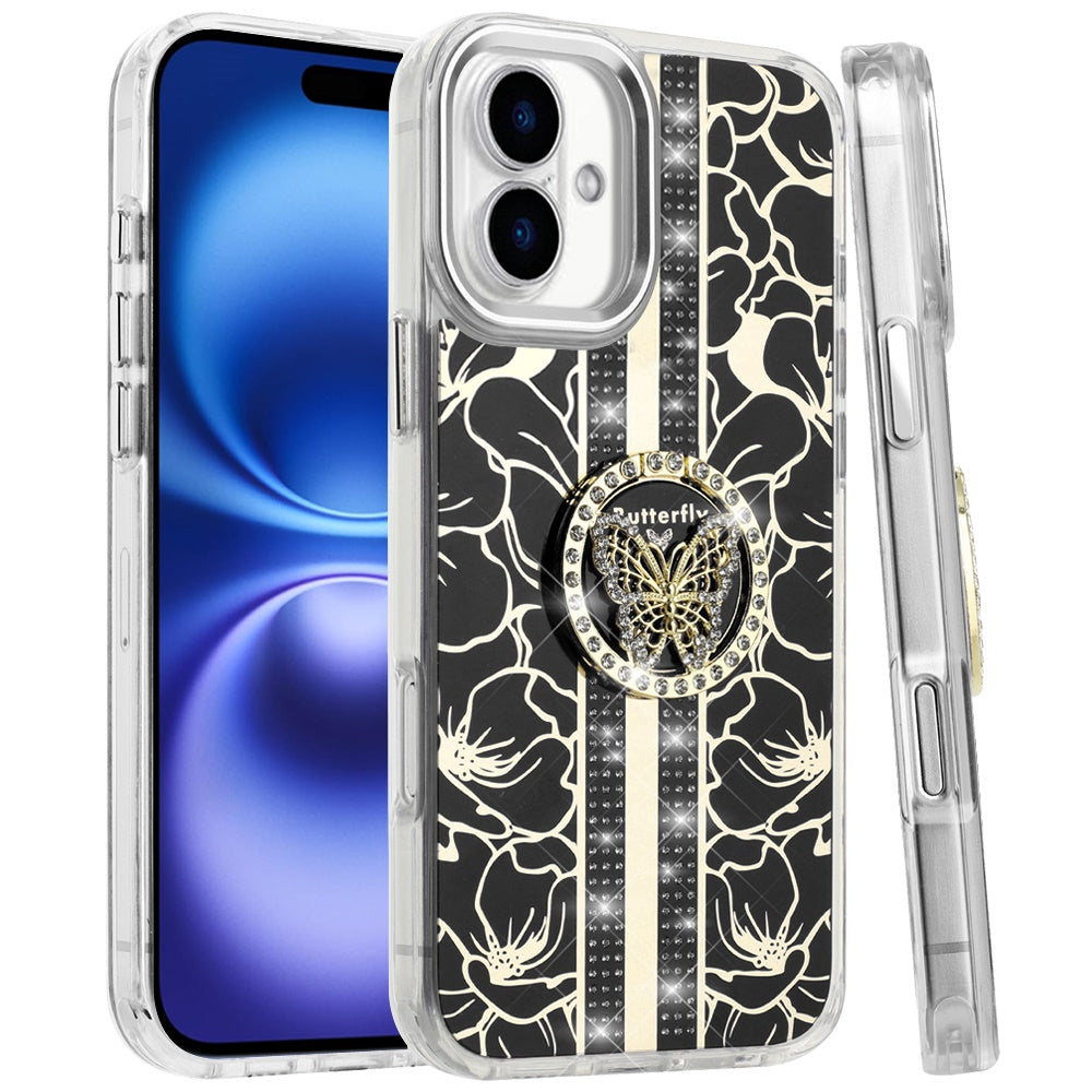 For Apple iPhone 17 (6.3") Diamonds 3D Butterfly Floral Design Bling Sparkly Glitter Hybrid Metal Fashion with Ring Stand Case Cover