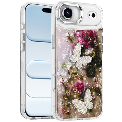 For Apple iPhone 17 Air (6.6") Epoxy Glitter Flowers Bling 3D Butterfly Fashion TPU Hybrid with Shockproof Protection Case Cover