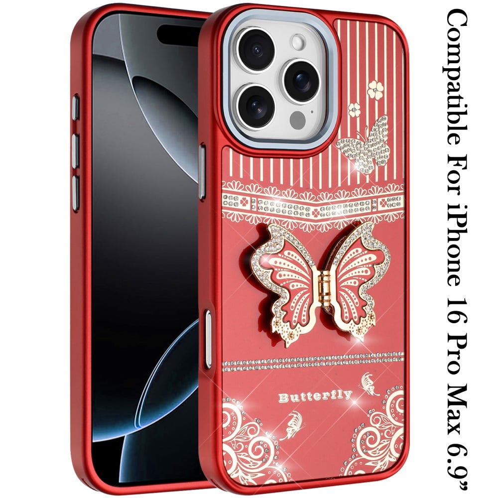 For iPhone 16 Pro Max (6.9") Glitter 3D Butterfly Design Bling Metallic Edge Hybrid Stand Drop Protection TPU Shockproof Protector