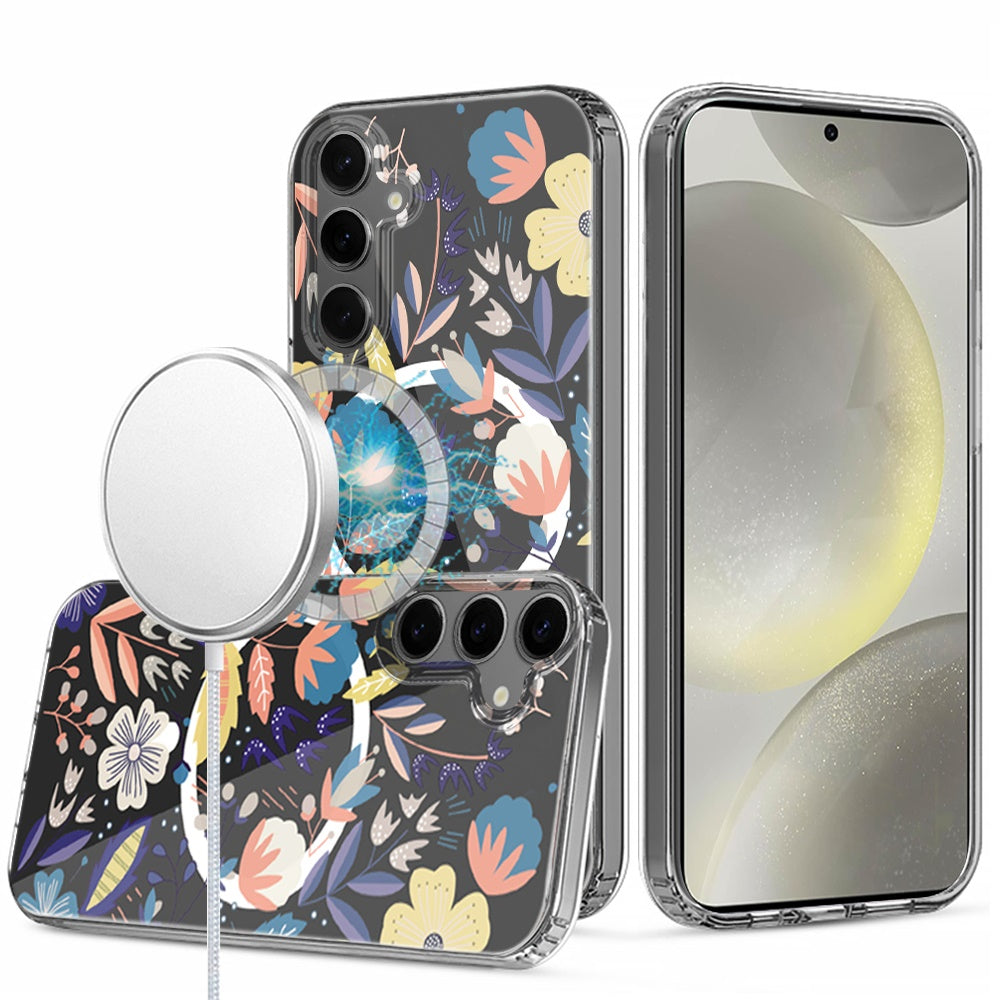 For Samsung Galaxy S25 /S24 Hybrid Flower Design Stylish Fashion Case, MagSafe Compatible, Thick Shockproof Hard PC Case Cover