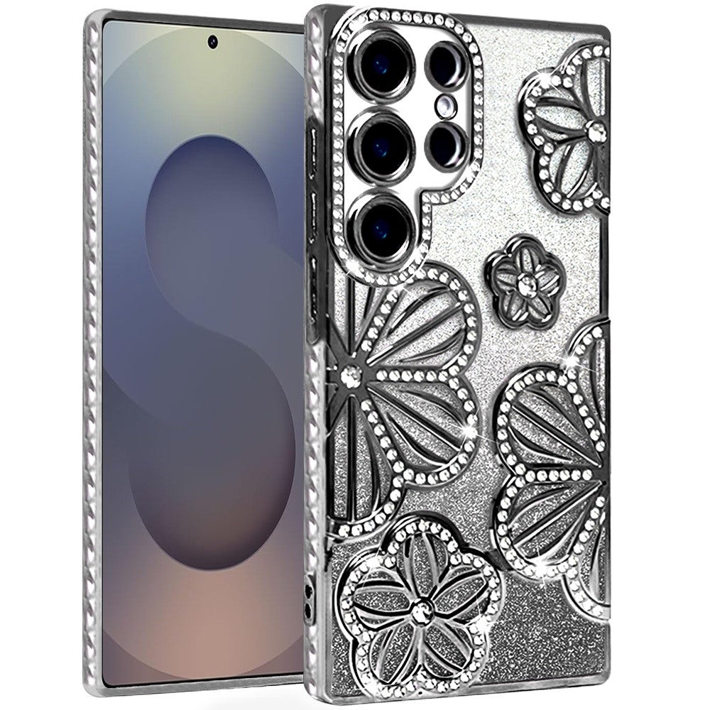 For Samsung Galaxy S26 Ultra Luxury Flower Design Sparkle Glitter Diamond Rhinestone Shimmer Bling Plating Thick TPU Hard PC Case Cover