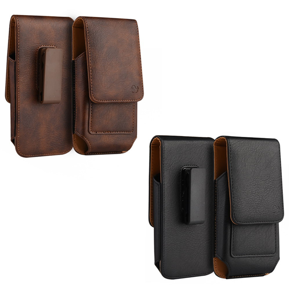 For Apple iPhone 16 (6.1") Universal Vertical Leather Case Holster with Card Slot, Rotation Belt Clip & Magnetic Closure Carrying Phone Pouch [Brown]