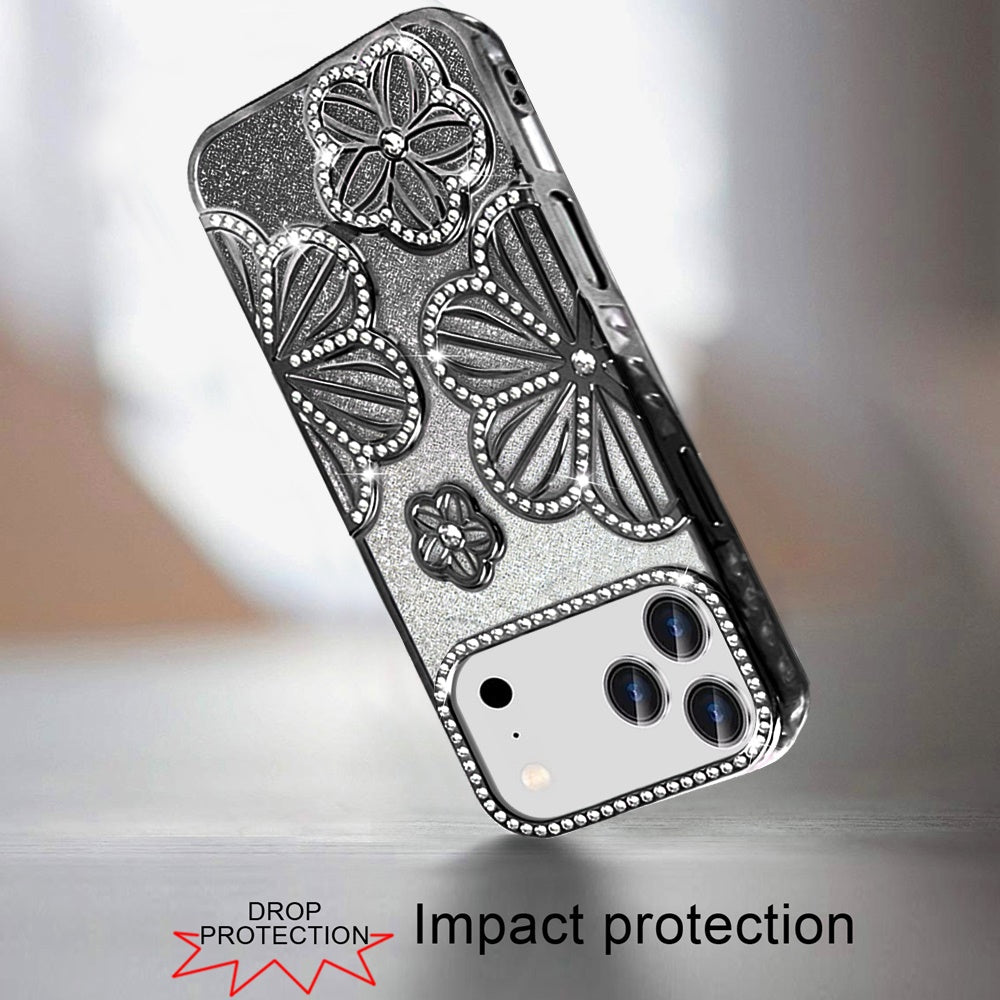 For Apple iPhone 17 Pro (6.3") Luxury Flower Design Sparkle Glitter Diamond Rhinestone Shimmer Bling Plating Thick TPU Hard PC Case Cover