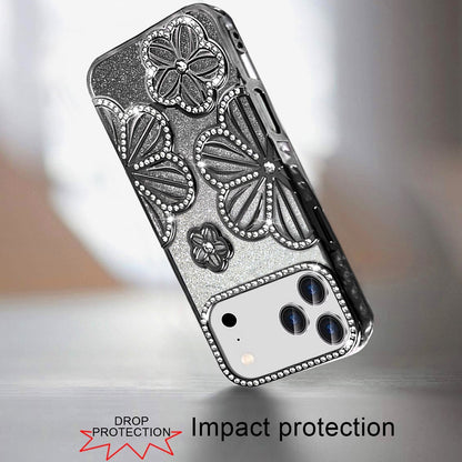 For Apple iPhone 17 Pro (6.3") Luxury Flower Design Sparkle Glitter Diamond Rhinestone Shimmer Bling Plating Thick TPU Hard PC Case Cover