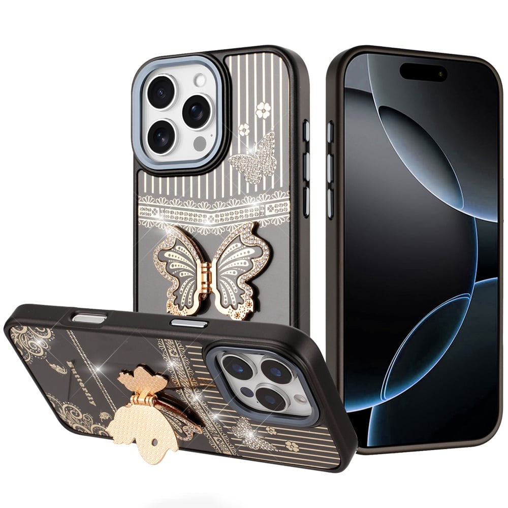 For iPhone 16 Pro Max (6.9") Glitter 3D Butterfly Design Bling Metallic Edge Hybrid Stand Drop Protection TPU Shockproof Protector