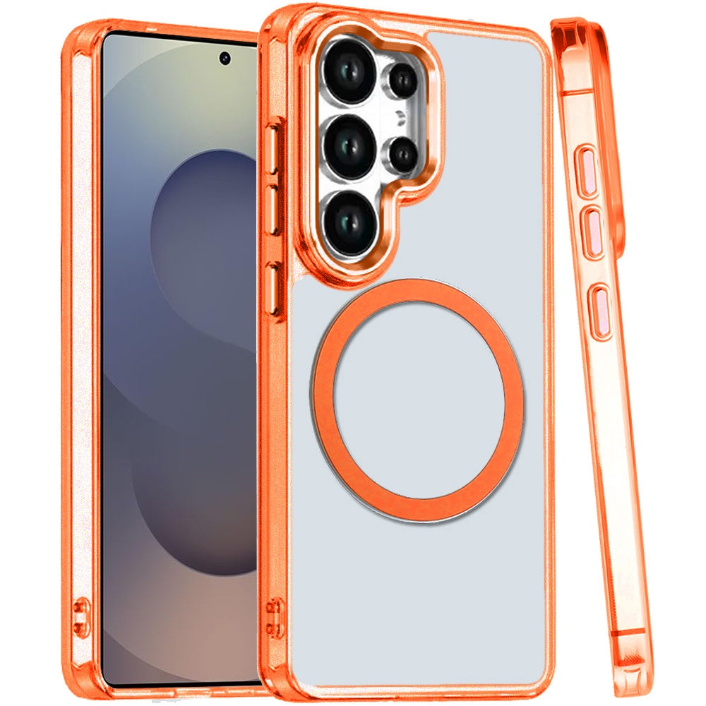 For Samsung Galaxy S25 Ultra Transparent Back Hybrid Case - Magnetic Circle, Color Frame, Metal Buttons, MagSafe Compatible Case Cover