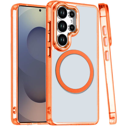 For Samsung Galaxy S25 Ultra Transparent Back Hybrid Case - Magnetic Circle, Color Frame, Metal Buttons, MagSafe Compatible Case Cover