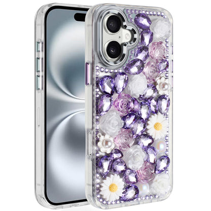 For Apple iPhone 16 Pro (6.3") Fashion Daisy Floral Series, Full 3D Bling Crystal Diamonds Sparkling Rhinestone Glitter Hybrid Design Case Cover Purple