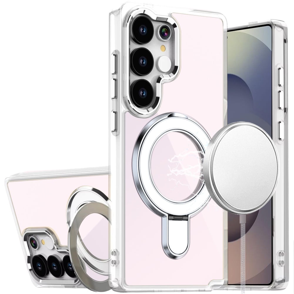 Phone Case for Samsung Galaxy S25 Ultra Chrome Magnetic Ring Stand Rotational Shockproof Hybrid Kickstand Metal Finish Rugged Drop Protection Armor Cover