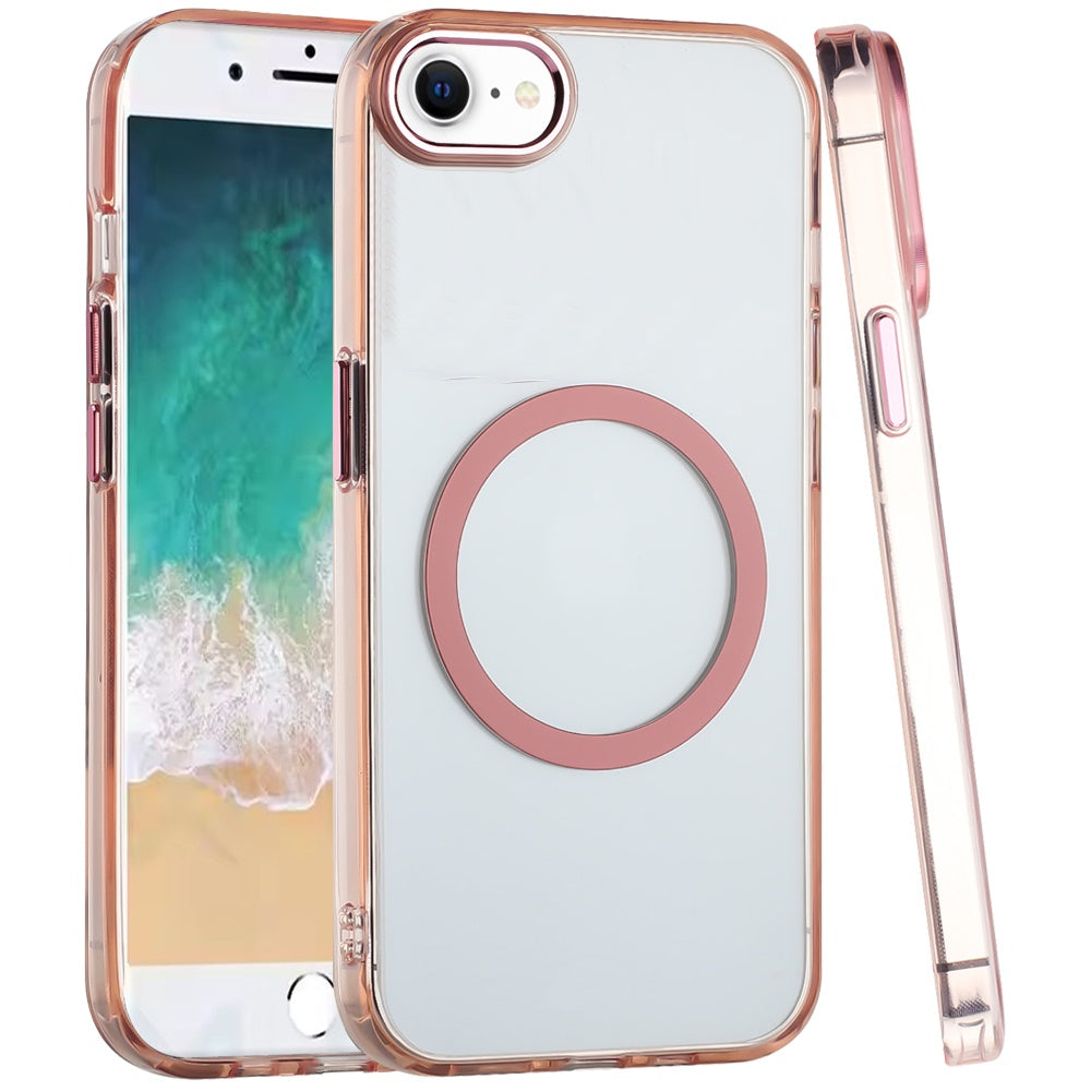 For Apple iPhone 17E /16E Transparent Back Hybrid Case - Magnetic Circle, Color Frame, Metal Buttons, MagSafe Compatible Case Cover Cosmic Orange