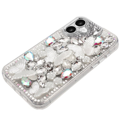 For Apple iPhone 17 (6.3") 3D Diamond Floral Butterfly Bling Stone Hybrid, Sparkly Rhinestone Gemstone Back Shockproof Case Cover