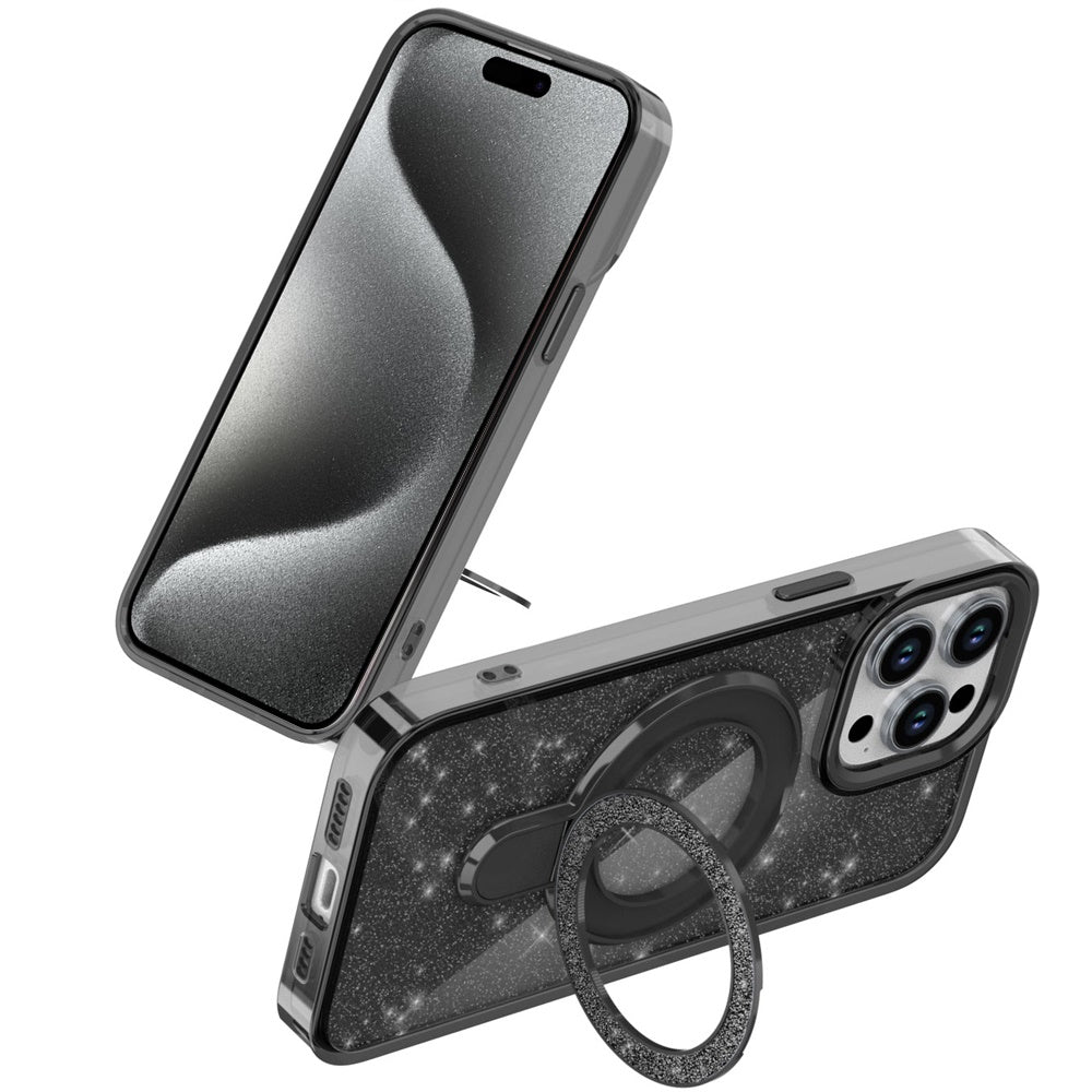 For Apple iPhone 16 Pro Max Transparent Glitter Bling Case with Rotating Magnetic Ring Stand, Shockproof Hybrid Case Cover Black