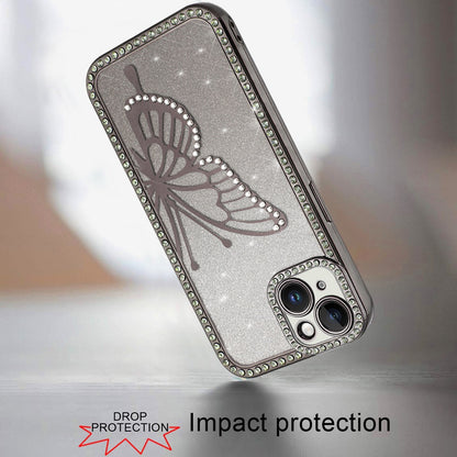For Apple iPhone 17E /16E Butterfly Glitter Diamond Shimmer Hybrid Slim & Stylish Electroplated Sparkly Bling Shockproof TPU Protective Case Cover Black