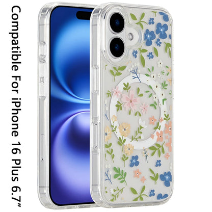For Apple iPhone 16 Plus Cute Fashion Pattern Design, Durable Shockproof Slim TPU Hard Back, MagSafe Compatible Case Cover Galaxy Floral