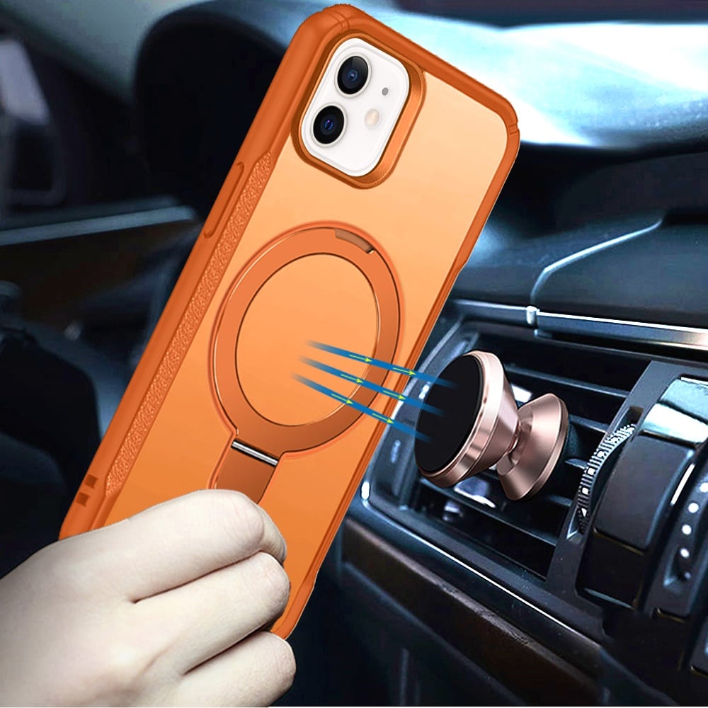 For iPhone 12 / iPhone 12 Pro (6.1") Matte Finish Magnetic Ring Hybrid Protective Invisible Kickstand Magsafe Compatible Case Cover Cosmic Orange