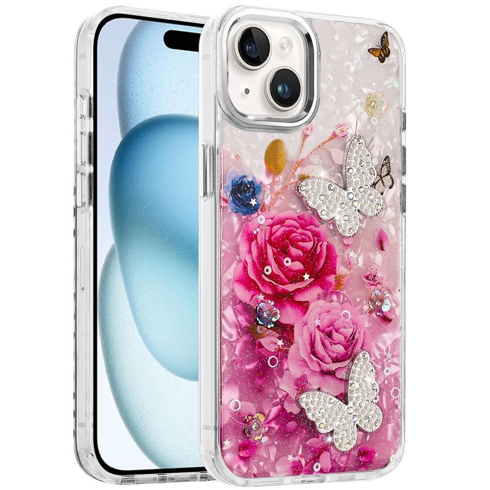 For Apple iPhone 12 /12 Pro Epoxy Glitter Flowers Bling 3D Butterfly Fashion TPU Hybrid with Shockproof Protection Case Cover