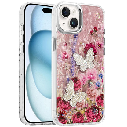For Apple iPhone 16 (6.1") Epoxy Glitter Flowers Bling 3D Butterfly Fashion TPU Hybrid with Shockproof Protection Case Cover