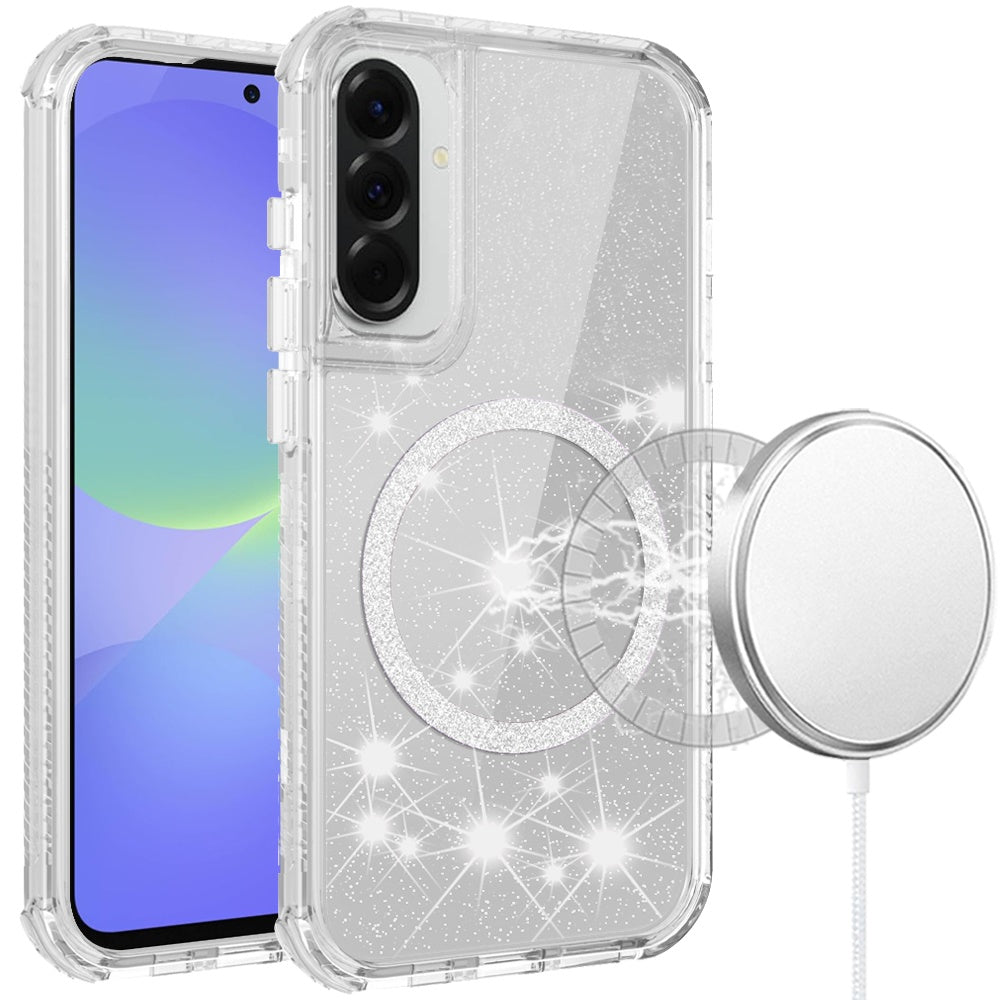 For Samsung Galaxy A37 Magnetic Circle Compatible with Magsafe, Bling Glitter Sparkle 3-in-1 Hybrid Shockproof TPU Bumper Case Cover
