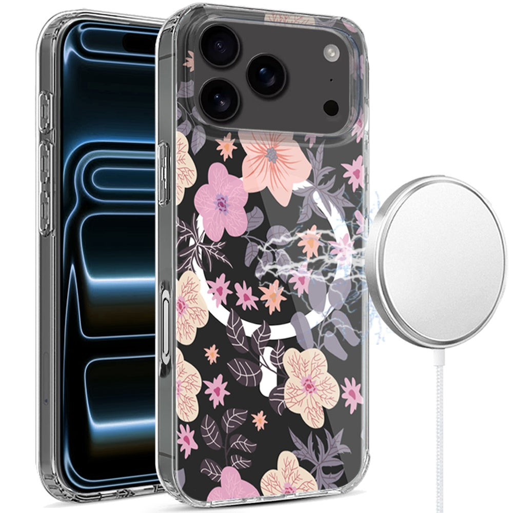 For Apple iPhone 17 Pro Max Hybrid Flower Design Stylish Fashion Case, MagSafe Compatible, Thick Shockproof Hard PC Case Cover