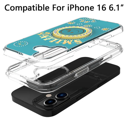 For iPhone 16 (6.1") Smiling Glitter Bling Ornament Hybrid Shockproof Stylish Sparkle Design Secure Grip Durable Protection Case Cover Blue