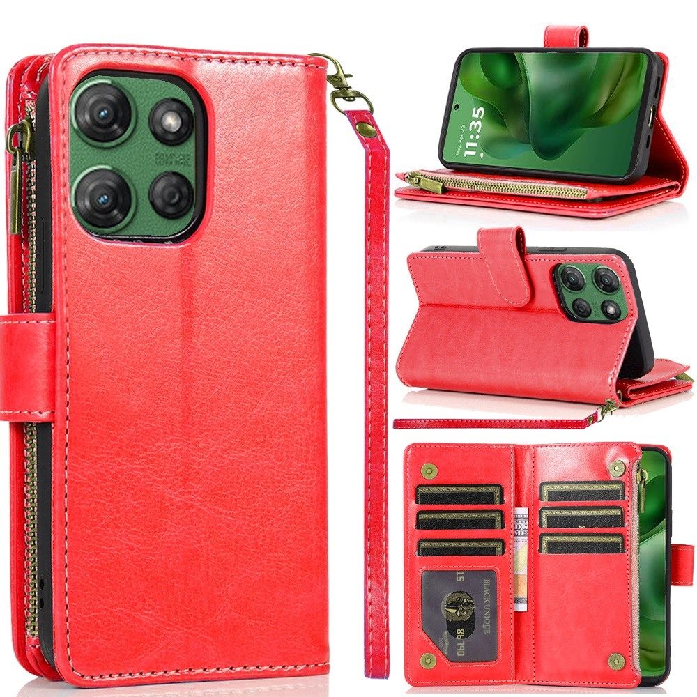 For Motorola Moto G Stylus 5G 2025 Leather Wallet Case with Zipper, 9 Card Slots, Cash Pocket, Stand & Strap, Clutch Pouch Design Case Cover Red