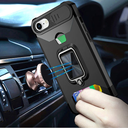 Wallet Case with Ring Stand & Slide Camera Cover Back Credit Card Slot Holder, Military Grade