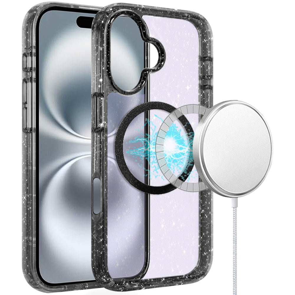For Apple iPhone 16 (6.1") Transparent Glitter Bling Sparkly Shiny Case Hybrid Magnetic Circle Compatible with MagSafe Shockproof Case Cover