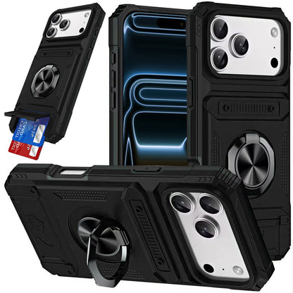 Phone Case for Apple iPhone 17 Pro Max (6.9") Multi Functional Card Slot Shockproof Metal Ring Hybrid Wallet Rugged Protective Grip Heavy Duty Durable Cover