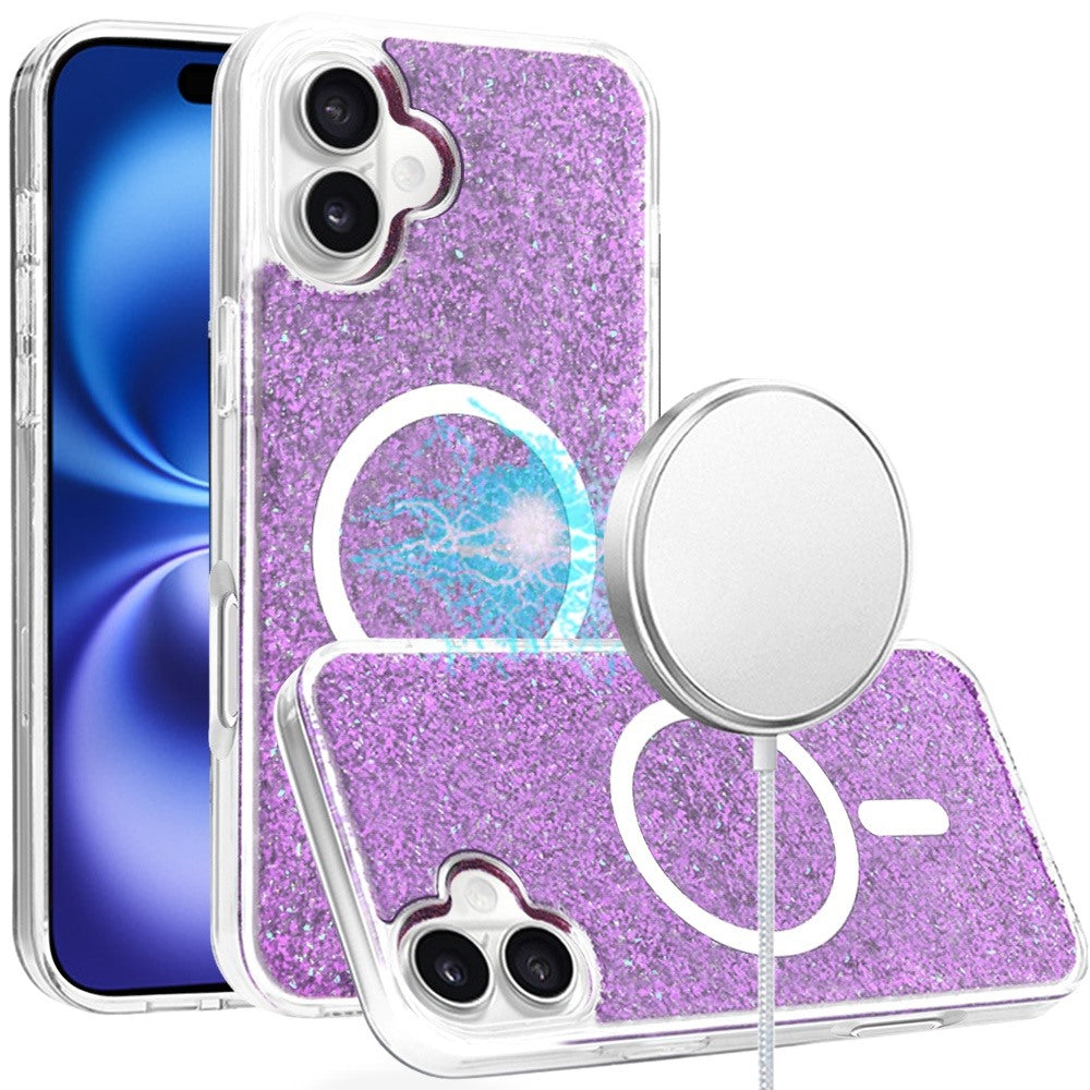 For Apple iPhone 16 (6.1") Magnetic MagSafe Wireless Compatible Epoxy Glitter Shiny Sparkle Bling Hybrid Slim PC + TPU Frame Case Cover