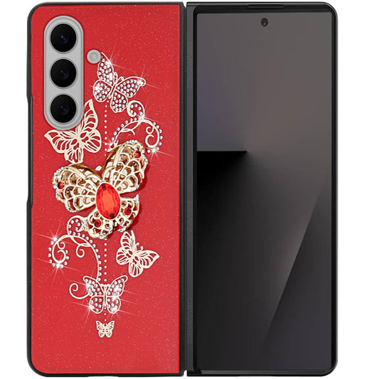 For Samsung Galaxy Z Fold 7 Diamonds 3D Butterfly Bling Sparkly Glitter Ornaments Engraving Hybrid Metal Fashion Case Cover Red Garden Butterflies
