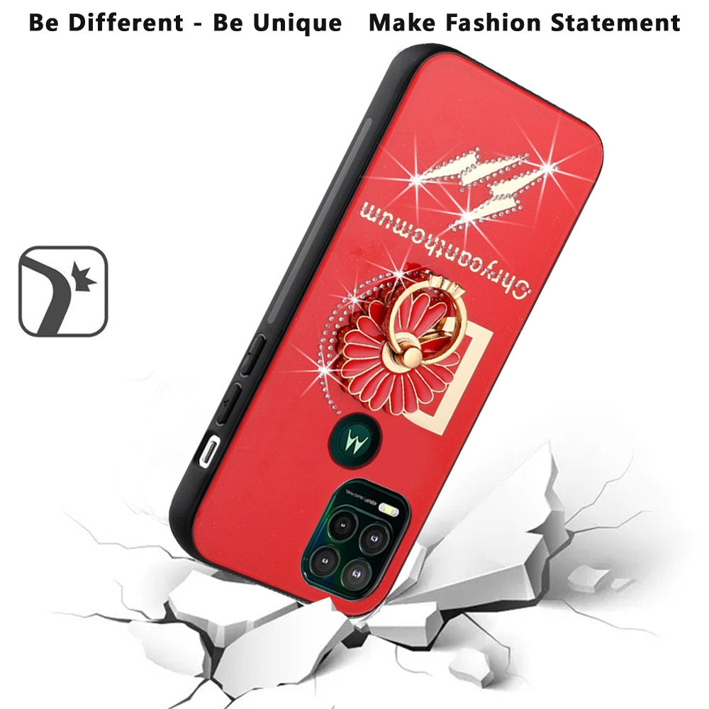 For Samsung Galaxy S21+ / S21 Plus Diamonds 3D Fashion Floral Bling Sparkly Glitter Ornaments Engraving Hybrid with Ring Stand Case Cover Red Good Luck Floral