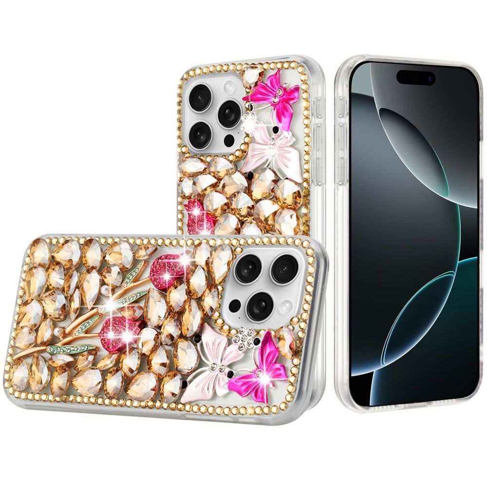 For iPhone 16 Pro Max (6.9") Bling Crystal 3D Full Diamonds Luxury Sparkle Rhinestone Hybrid Case Cover Gold Exquisite Garden