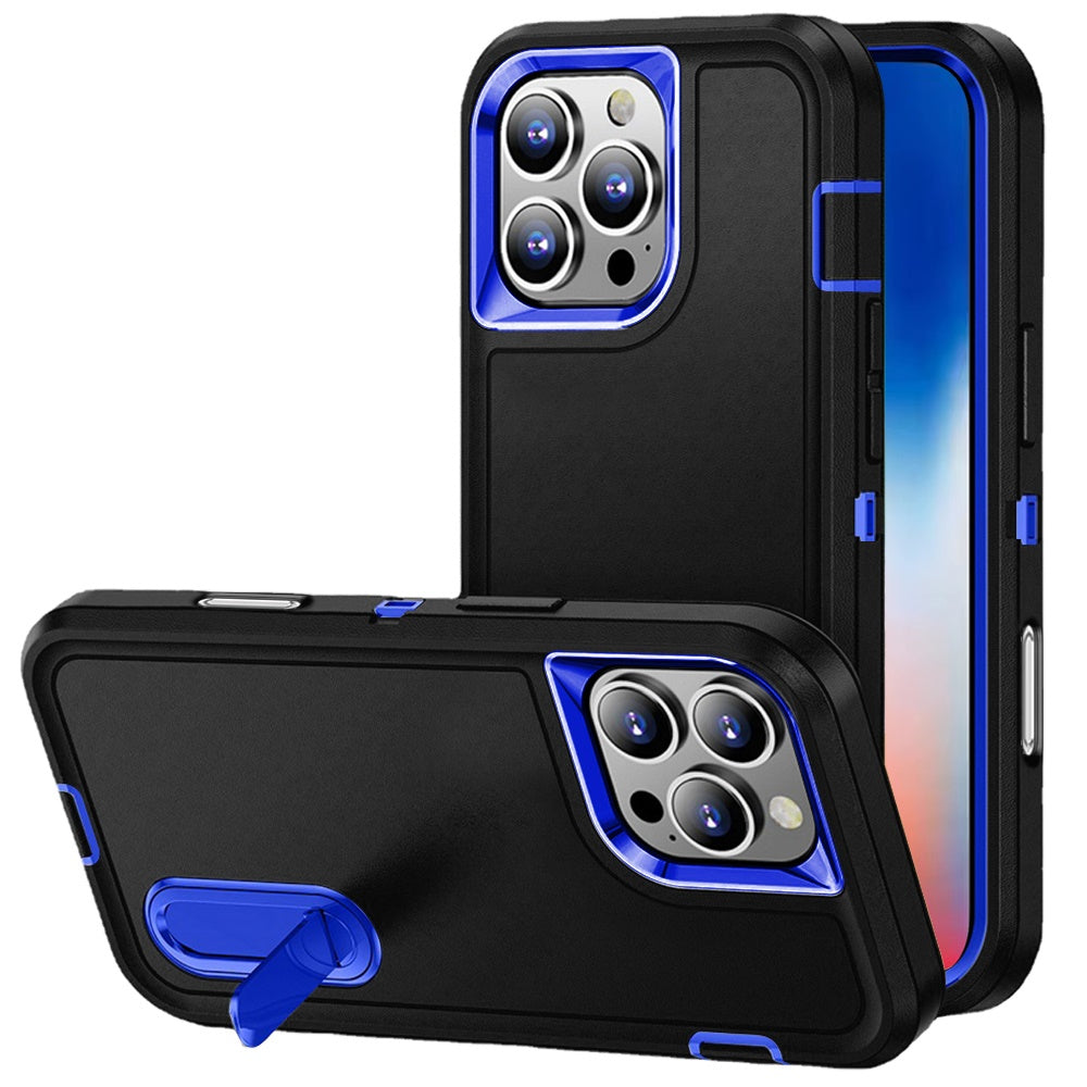 For Apple iPhone 16 Pro Hybrid 3 Layers Hard 3in1 Shockproof with Kickstand Heavy Duty Hard TPU Rubber Anti-Drop Case Cover Black +Black