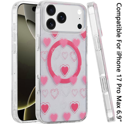 For Apple iPhone 17 Pro Max Stylish Pattern Fashion IMD Printed Design TPU Double Layer Slim Shockproof with Magnetic Back Case Cover Pink Heart
