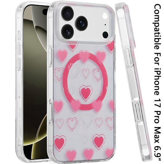 For Apple iPhone 17 Pro Max Stylish Pattern Fashion IMD Printed Design TPU Double Layer Slim Shockproof with Magnetic Back Case Cover Pink Heart