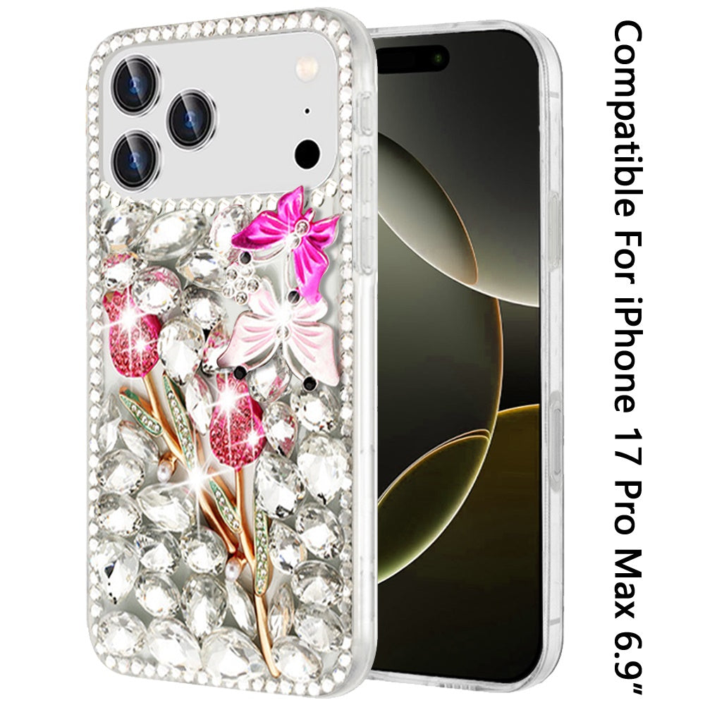 For Apple iPhone 17 Pro Max (6.9") Bling Crystal 3D Full Diamonds Luxury Sparkle Rhinestone Hybrid Protective Case Cover