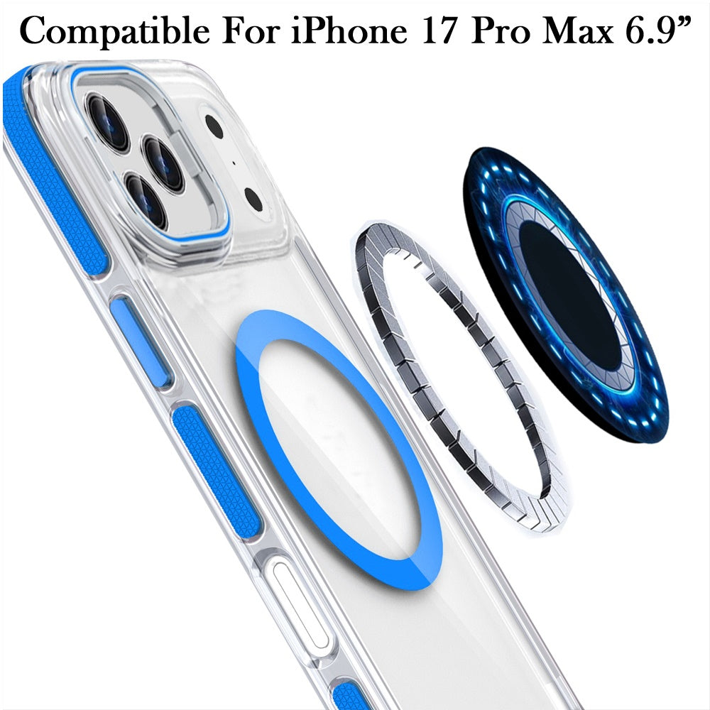 For Apple iPhone 17 Pro Max Hybrid Clear Back Case with Invisible Camera Bracket Stand, MagSafe Magnetic Circle, Shockproof Color Frame Case Cover