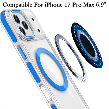 For Apple iPhone 17 Pro Max Hybrid Clear Back Case with Invisible Camera Bracket Stand, MagSafe Magnetic Circle, Shockproof Color Frame Case Cover