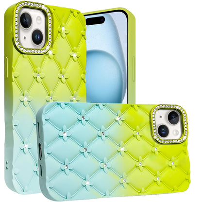 For iPhone 15 (6.1") Fashion Flower Design Sparkle Glitter Shimmer Rhinestone Bling Floral Accents, Leather Texture TPU Case Cover Yellow/Green