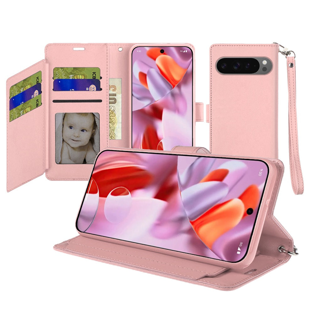 For Google Pixel 10 /Pixel 10 Pro Wallet Case with ID/ Card Holder, Wristlet Strap, Magnetic TPU Protective Shockproof Folio Flip Case Cover Rose Gold