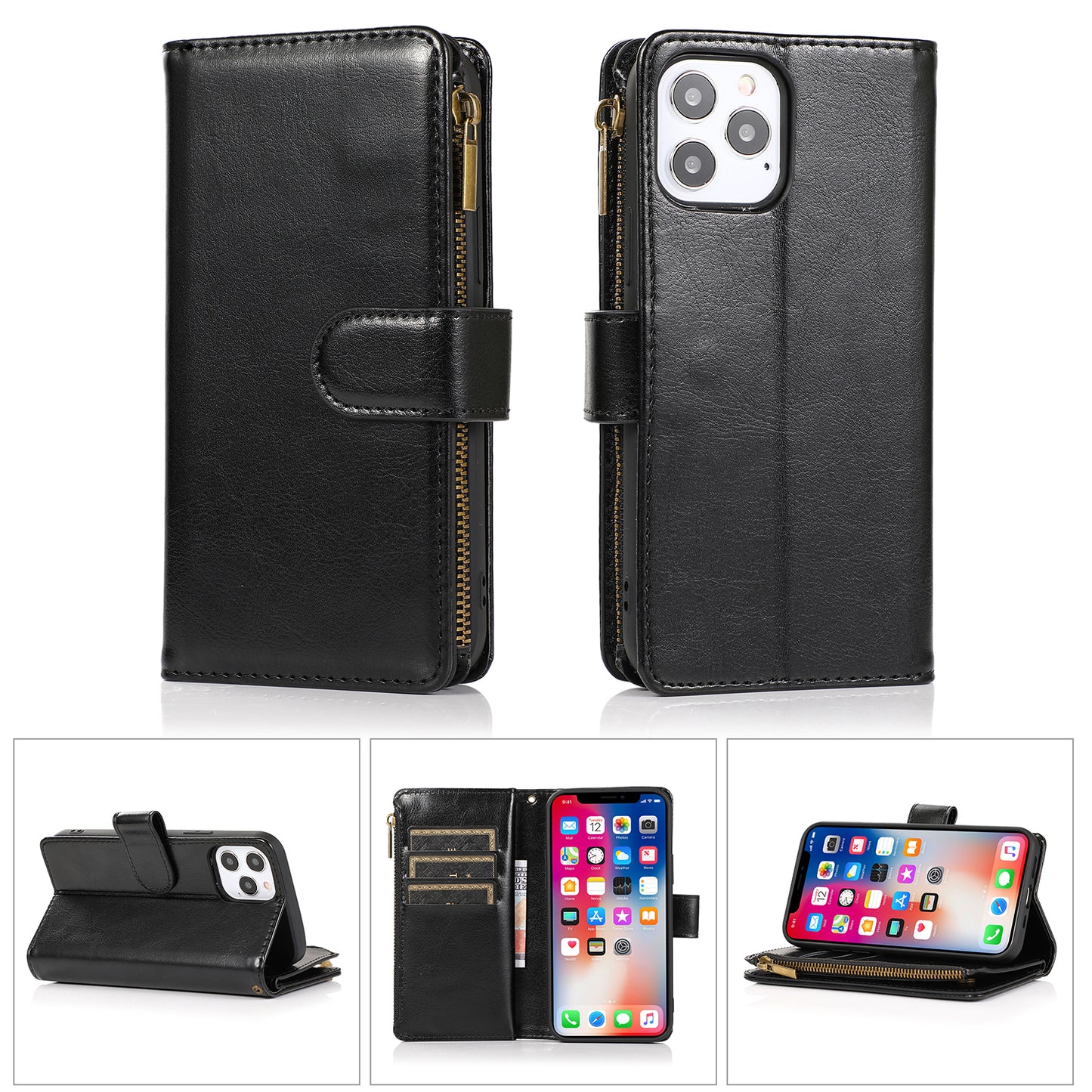 For Apple iPhone SE 3 (2022) SE/8/7 Leather Wallet Case with Zipper, 9 Card Slots, Cash Pocket, Stand & Strap, Clutch Pouch Design Case Cover Black