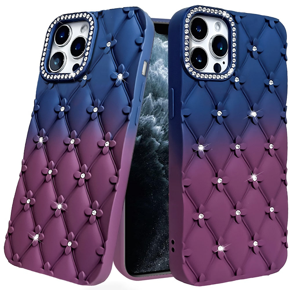 For Apple iPhone 11 Pro Max Fashion Flower Design Sparkle Glitter Shimmer Rhinestone Bling Floral Accents, Leather Texture TPU Case Cover Dark Blue/Burgundy
