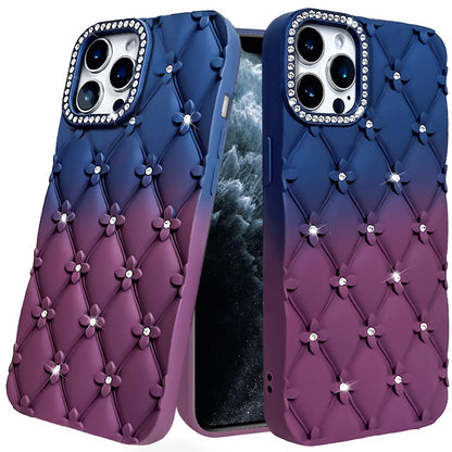 For Apple iPhone 11 Pro Max Fashion Flower Design Sparkle Glitter Shimmer Rhinestone Bling Floral Accents, Leather Texture TPU Case Cover Dark Blue/Burgundy