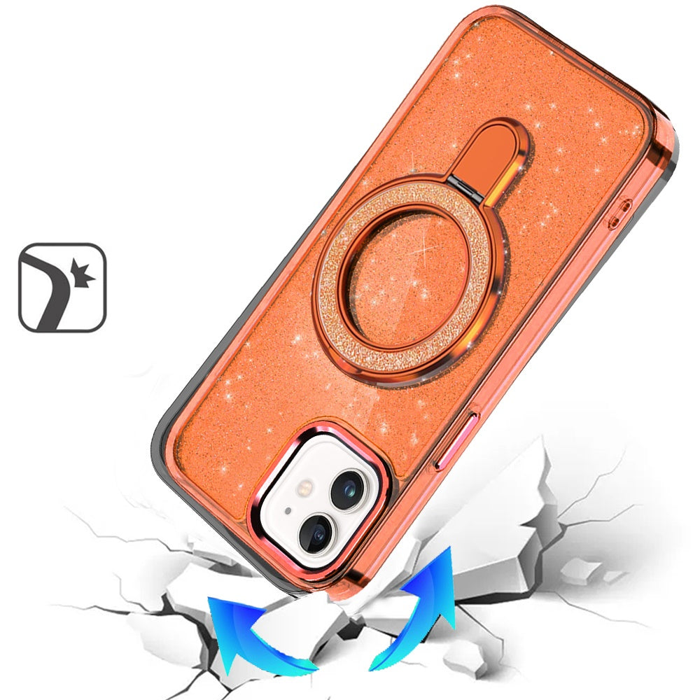 For iPhone 12 / iPhone 12 Pro (6.1") Transparent Glitter Bling Case with Rotating Magnetic Ring Stand, Shockproof Hybrid Case Cover Cosmic Orange
