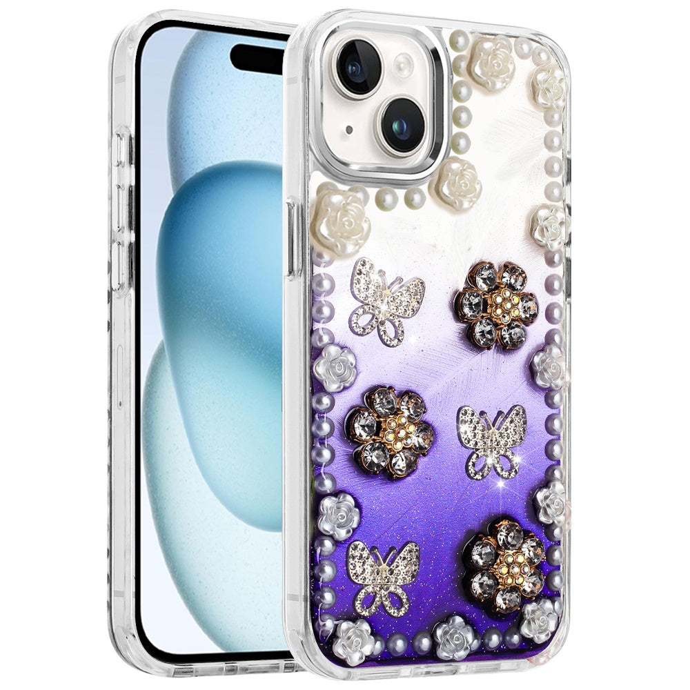 For Apple iPhone 11 Bling Fashion Design with 3D Pearls Epoxy Glitter Ornaments Chrome Edge Hard Slim PC Case Cover
