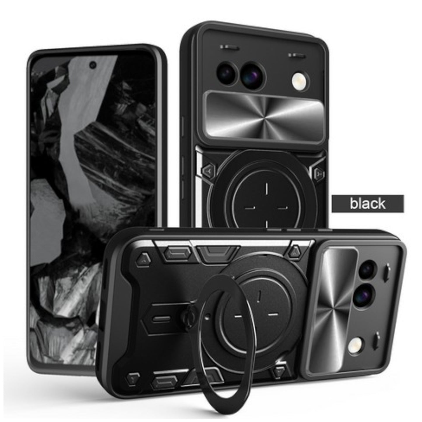 For Google Pixel 9A Hybrid Shockproof with Magnetic Ring Stand, Compatible with Magsafe & Sliding Camera Lens Protector Case Cover