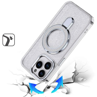 For Apple iPhone 16 Pro Max Transparent Glitter Bling Case with Rotating Magnetic Ring Stand, Shockproof Hybrid Case Cover Clear