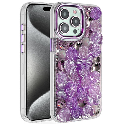 For Apple iPhone 15 Pro Max Muti-Color Floral Fashion Bling Crystal 3D Full Diamonds Stones Sparkle Rhinestone Glitter Hybrid Case Cover