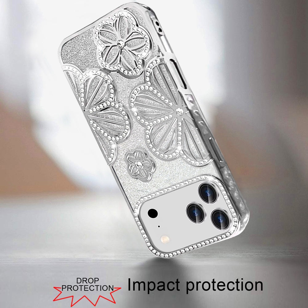 For Apple iPhone 17 Pro (6.3") Luxury Flower Design Sparkle Glitter Diamond Rhinestone Shimmer Bling Plating Thick TPU Hard PC Case Cover
