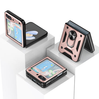 For Samsung Galaxy Z Flip 5 Magnetic Ring Stand Camera Protection Shock Resistant Hybrid Durable Grip Kickstand Function for Flip Series Case Cover Rose Gold